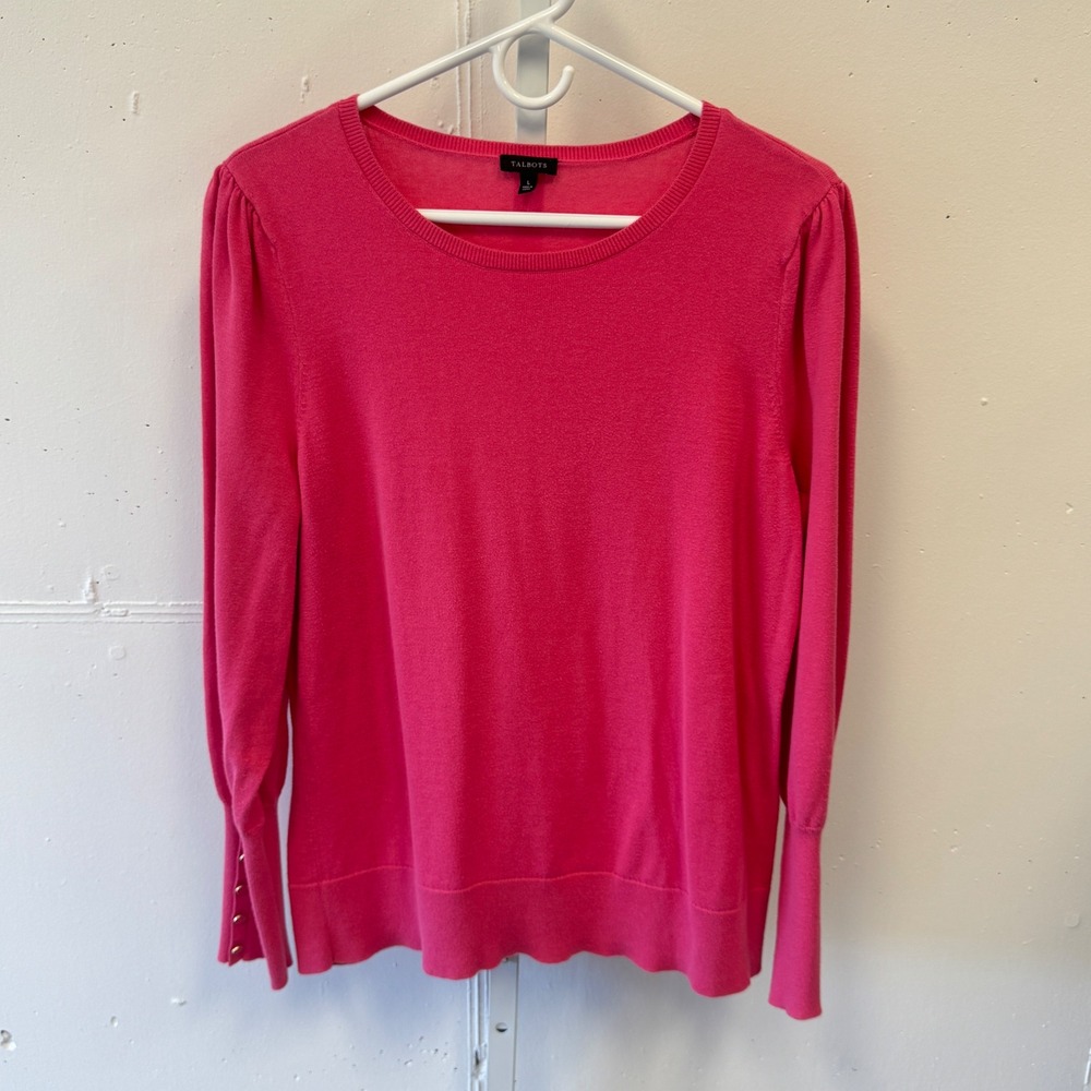 Talbots Pink Puff Shoulder Gold Button Cuff Cotton Blend Sweater Large CN5000